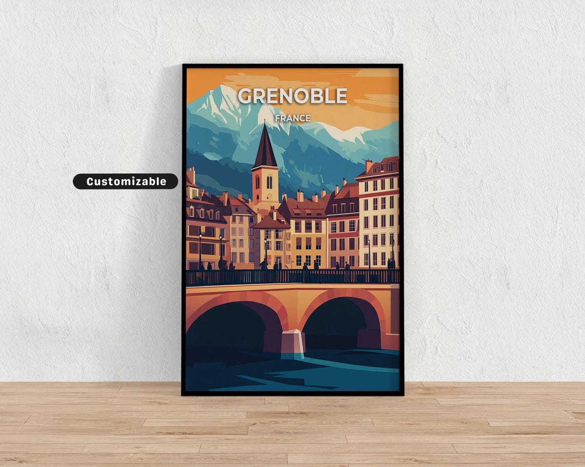 Grenoble France Stone Bridge Sunset Old Town Vintage Travel Poster