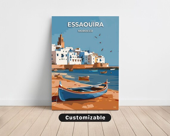 Essaouira Morocco Fishing Boat Beach White Medina Customizable Travel Poster