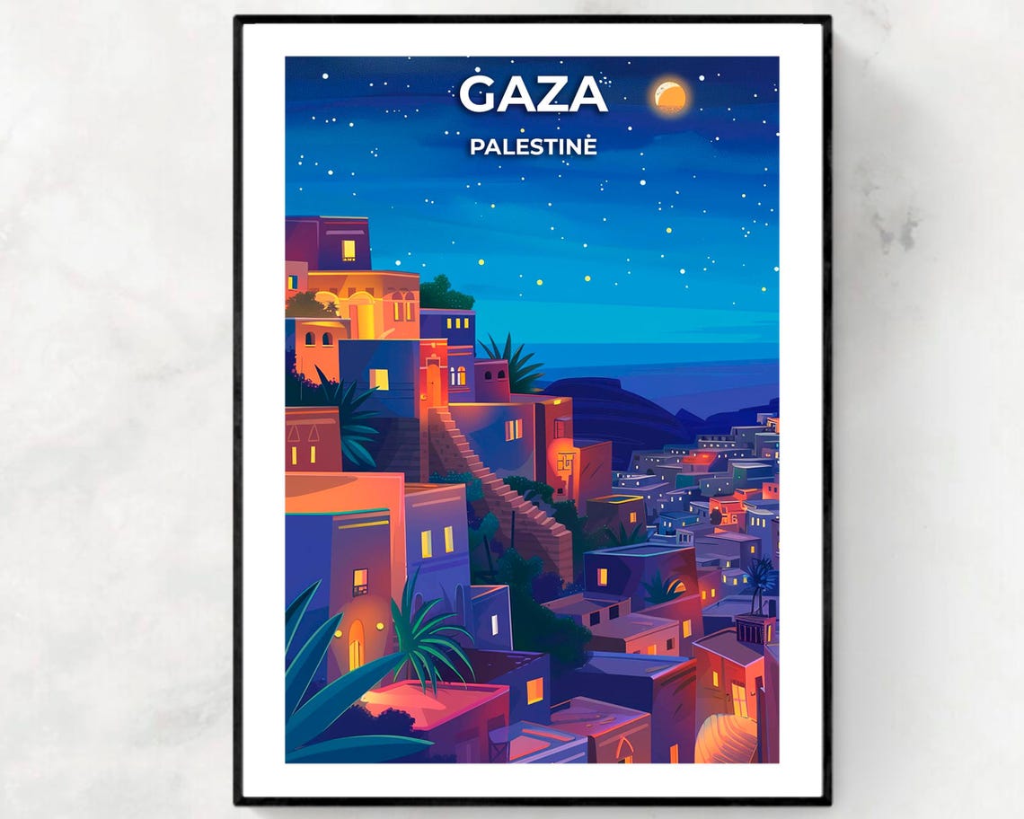 Gaza Hillside City Night Lights Moonlit Starry Panorama Poster
