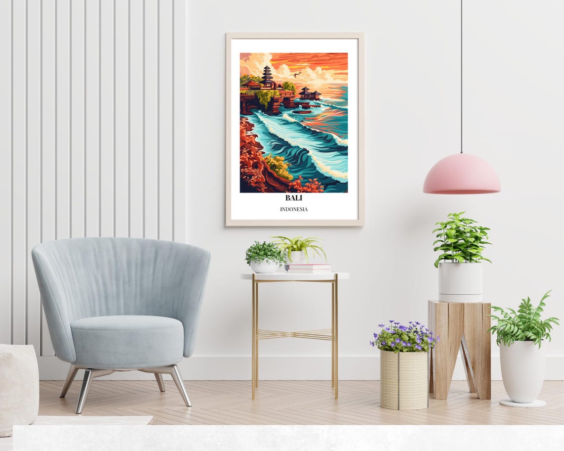 Bali Indonesia Cliff Temple Orange Sunset Ocean Waves Poster - Image 2