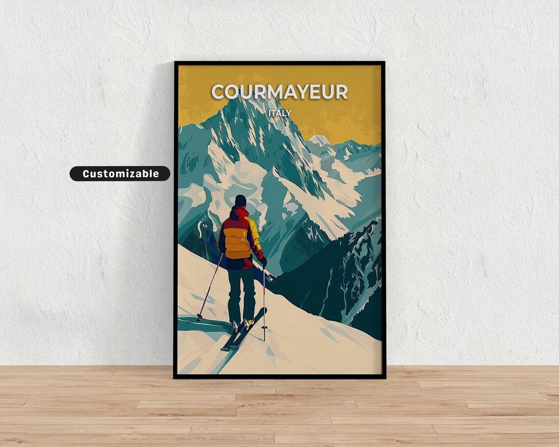 Courmayeur Italy Skier Mountain Peak Vintage Travel Ski Poster
