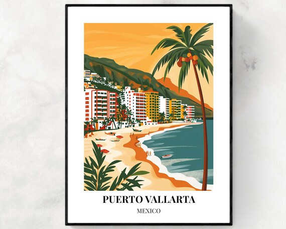 Puerto Vallarta Mexico Sunset Palm Tree Beach Scene Travel Poster