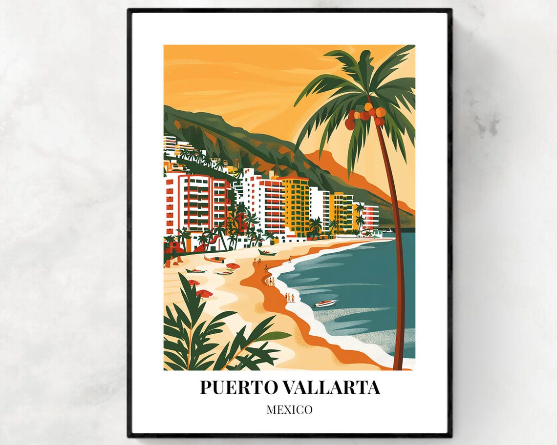 Puerto Vallarta Mexico Sunset Palm Tree Beach Scene Travel Poster
