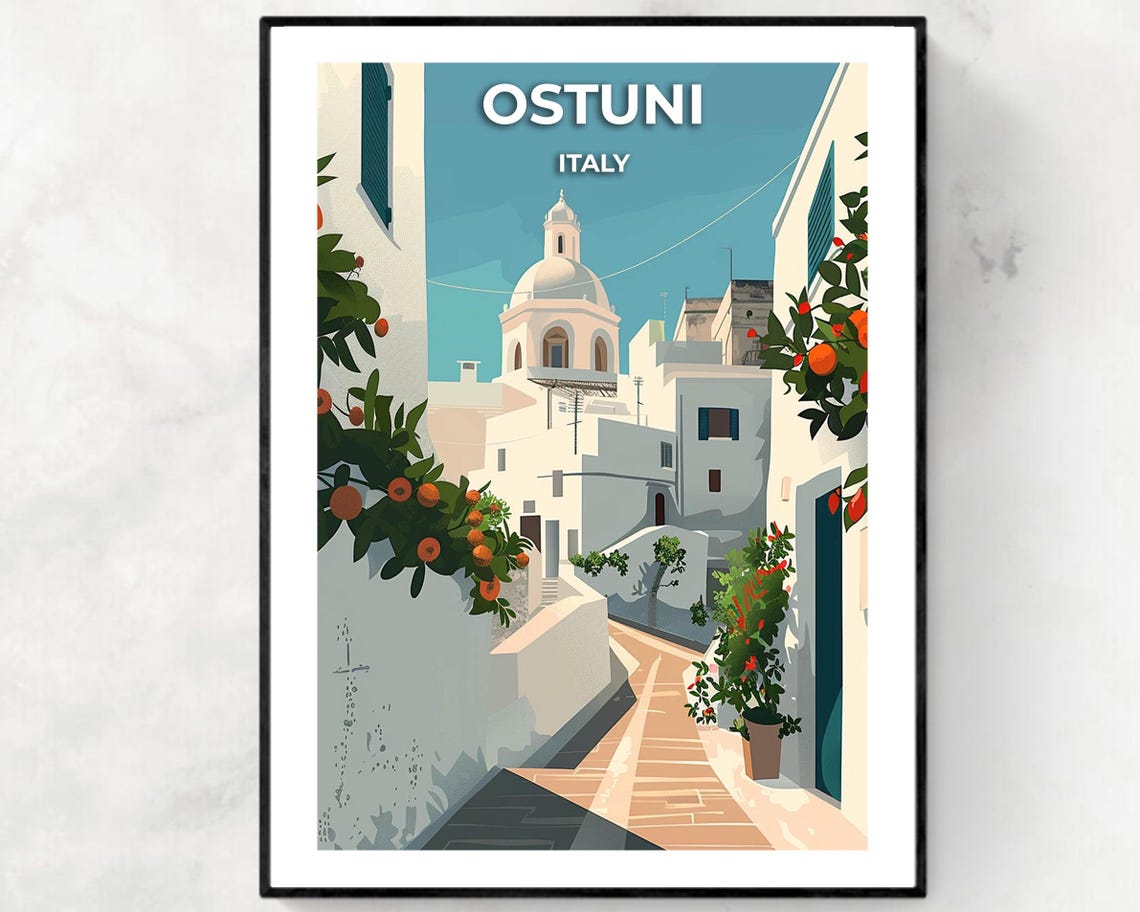 Ostuni Italy White Alley Poster with Orange Trees and Church Dome