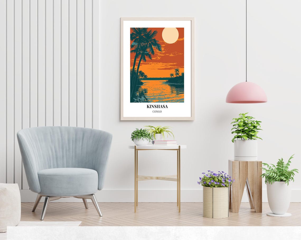 Kinshasa Congo River Sunset With Palm Trees Africa Travel Poster - Image 2