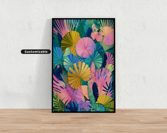 Abstract Floral Jungle Filled With Ferns And Fanlike Shapes Mediterranean Colorful Wall Art Tropical Illustration Print Modern Boho H
