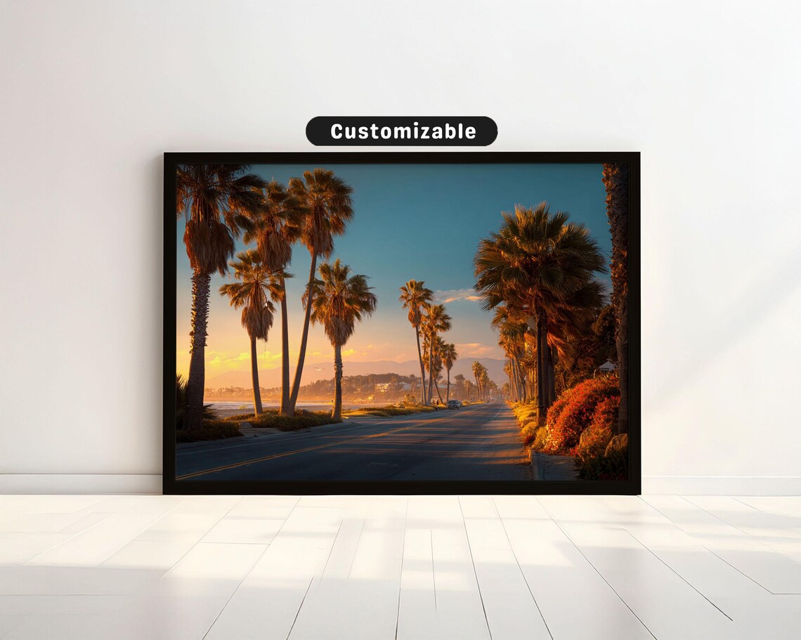 Golden Hour Palm Tree Lined Road Ocean View California Sunset Photo Poster