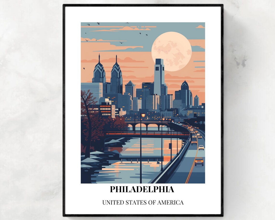 Philadelphia Pennsylvania Skyline Moon Over River Travel Poster