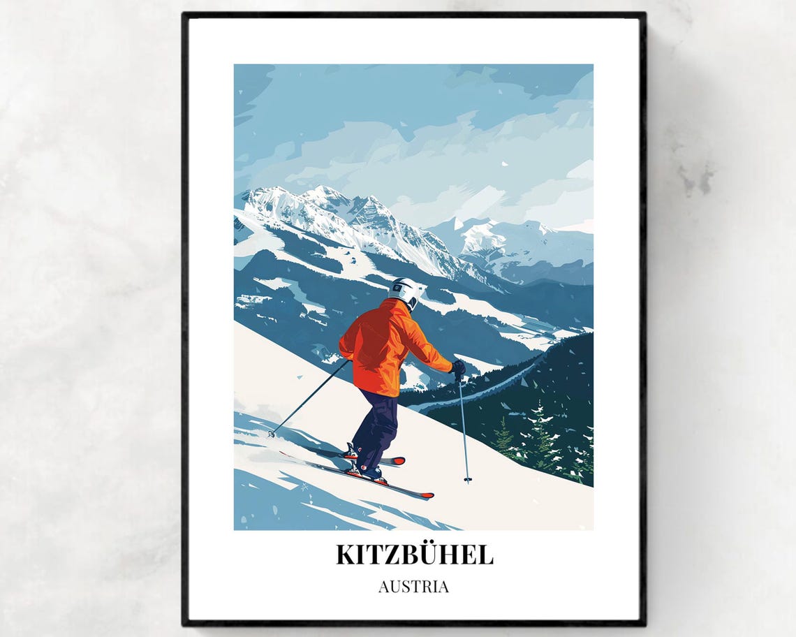 Kitzbuhel Austria Ski Slopes Orange Skier Mountain Panorama Poster