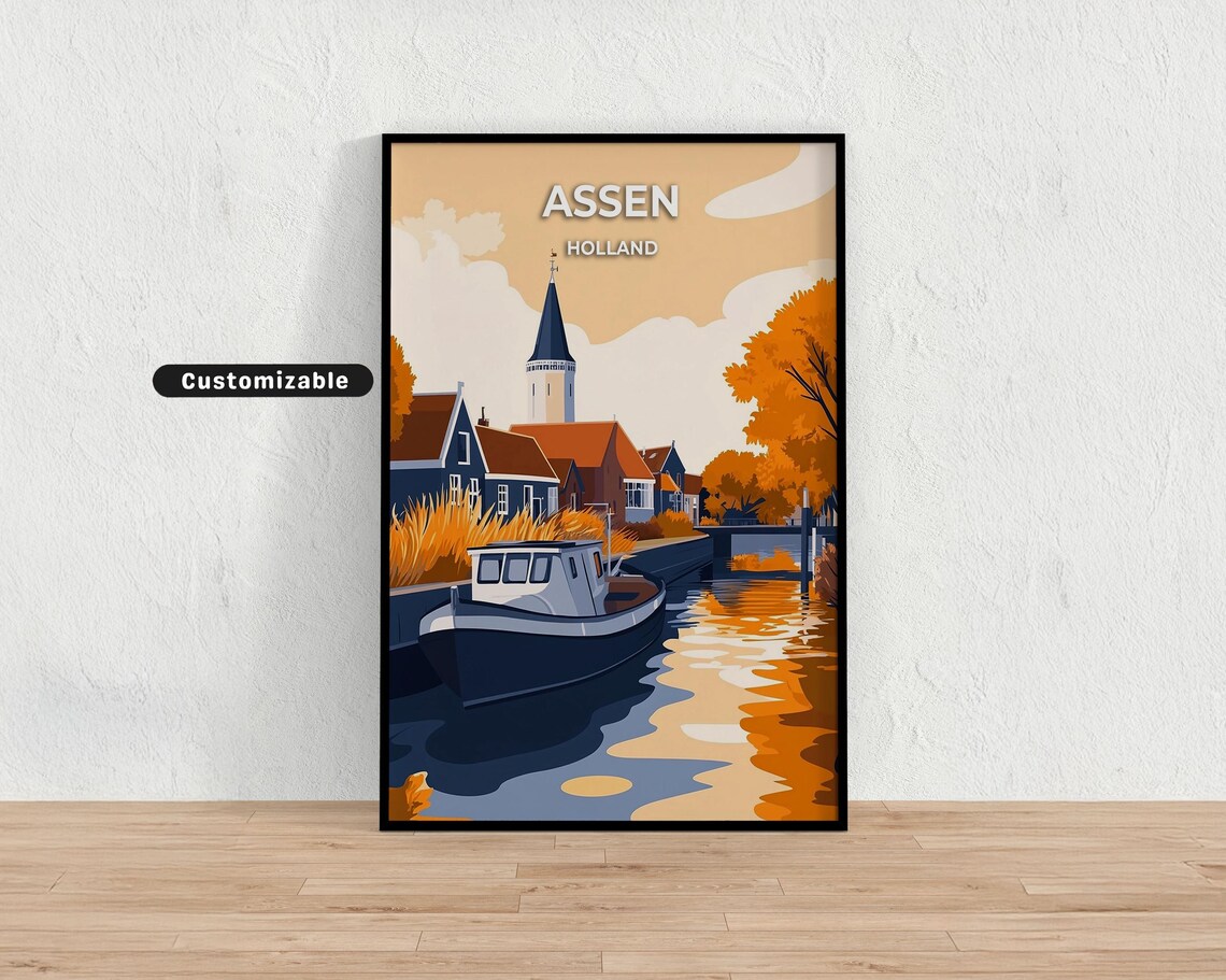 Assen Holland Canal Boat Church Autumn Travel Poster Vintage