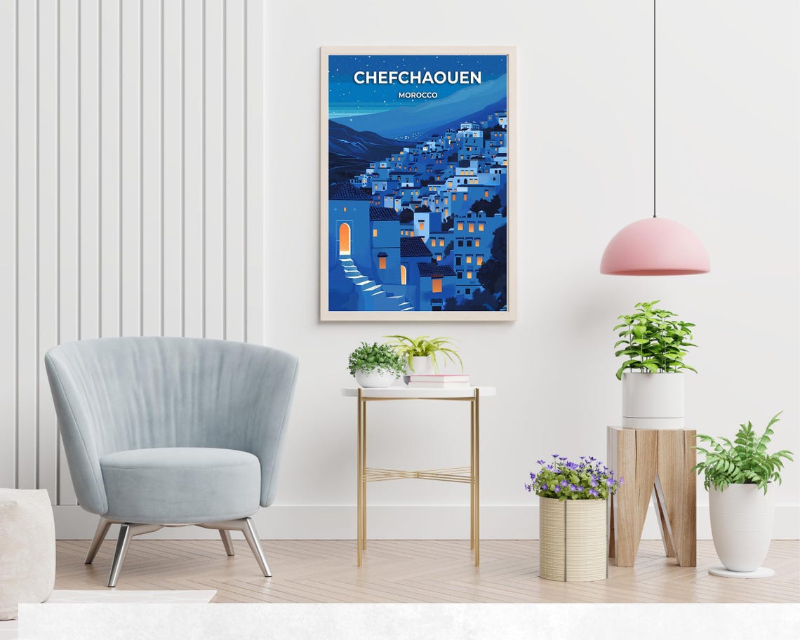 Chefchaouen Morocco Blue City Night Skyline Rooftop Lights Poster - Image 2