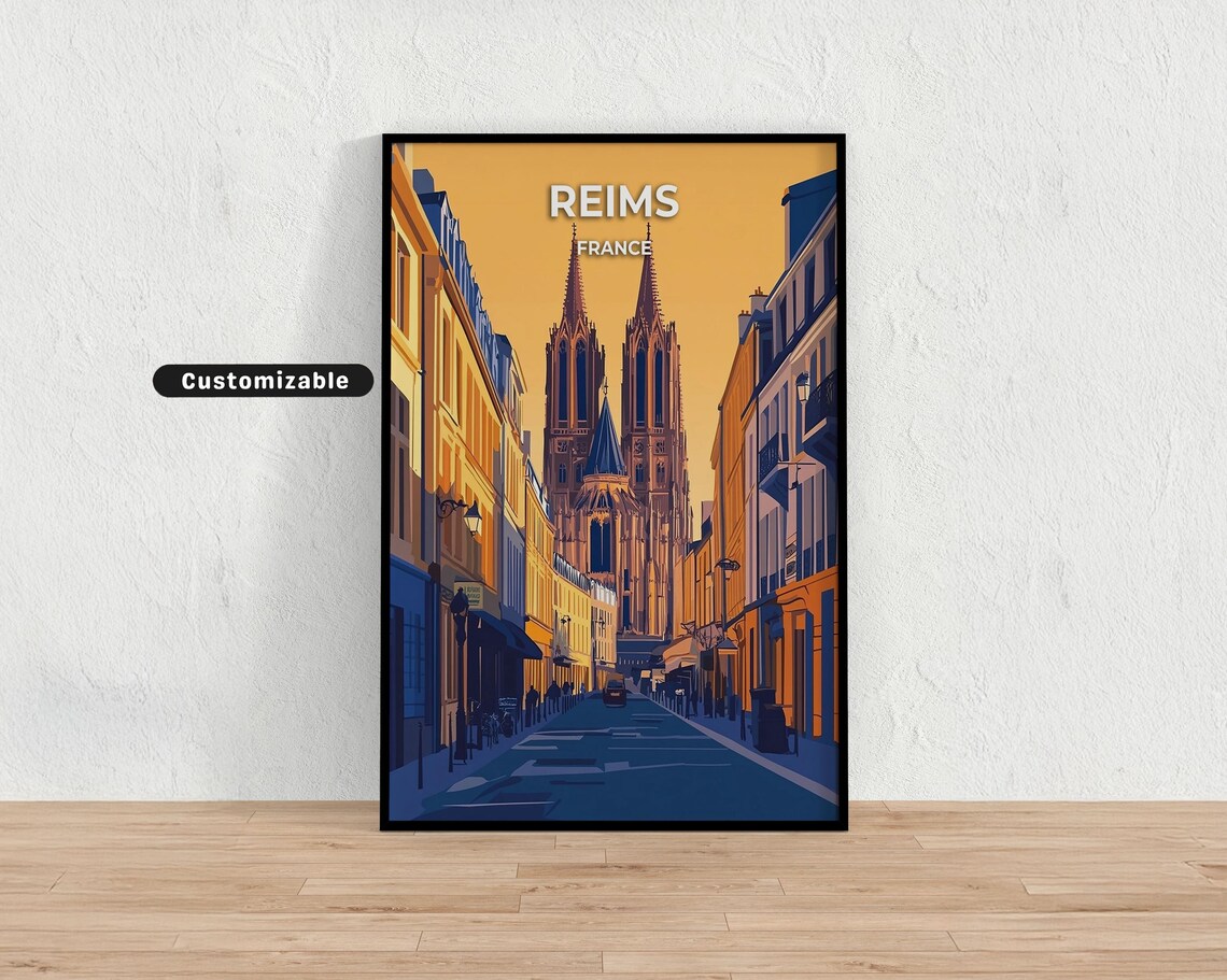 Reims France Cathedral Golden Sunset Street Scene Travel Poster