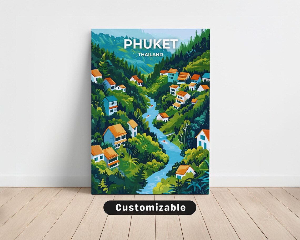 Phuket Thailand Jungle River Village Colorful Travel Art Poster