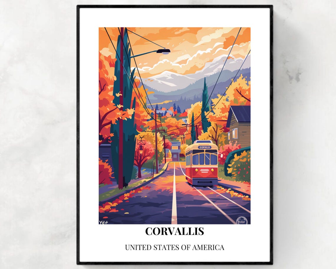 Corvallis Trolley Sunset Autumn Gold Vintage-Style Travel Poster
