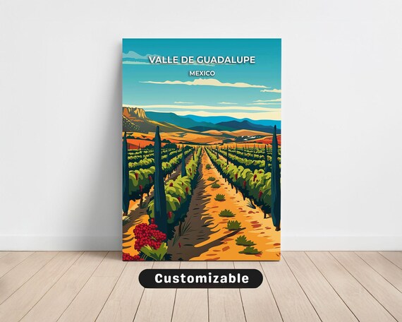 Valle De Guadalupe Mexico Vineyard Rows Mountains Wine Region Travel Poster