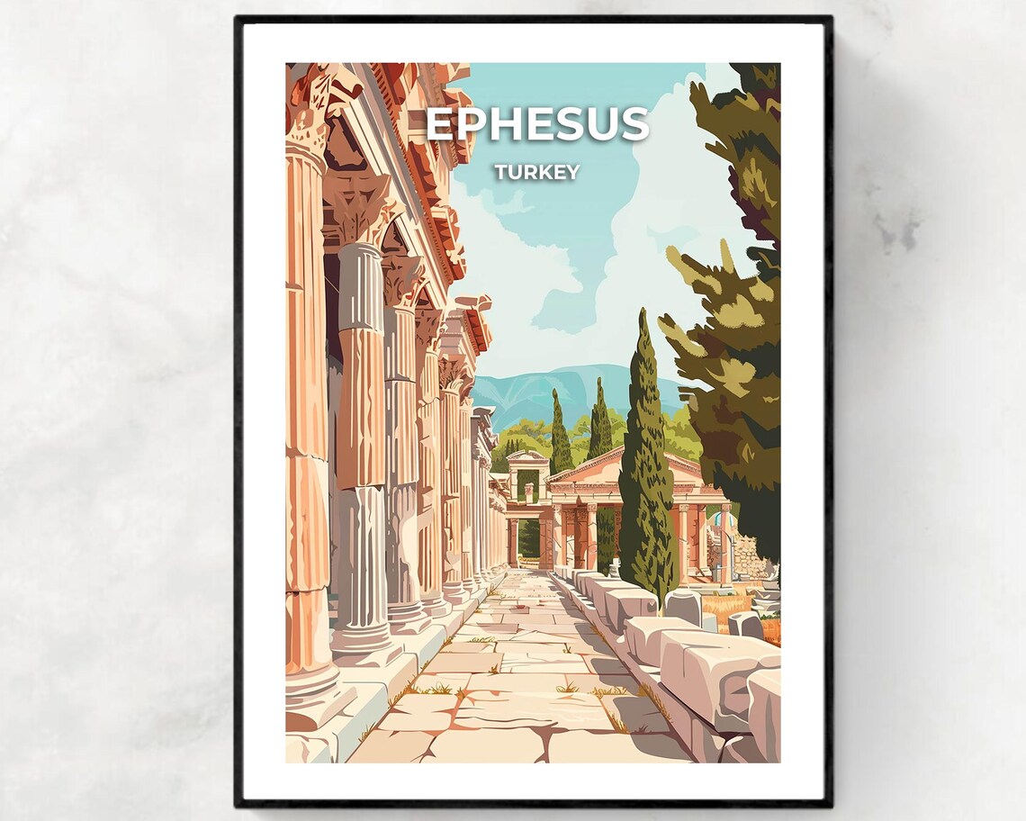 Ephesus Turkey Ancient Marble Columns Ruins Travel Illustration Poster