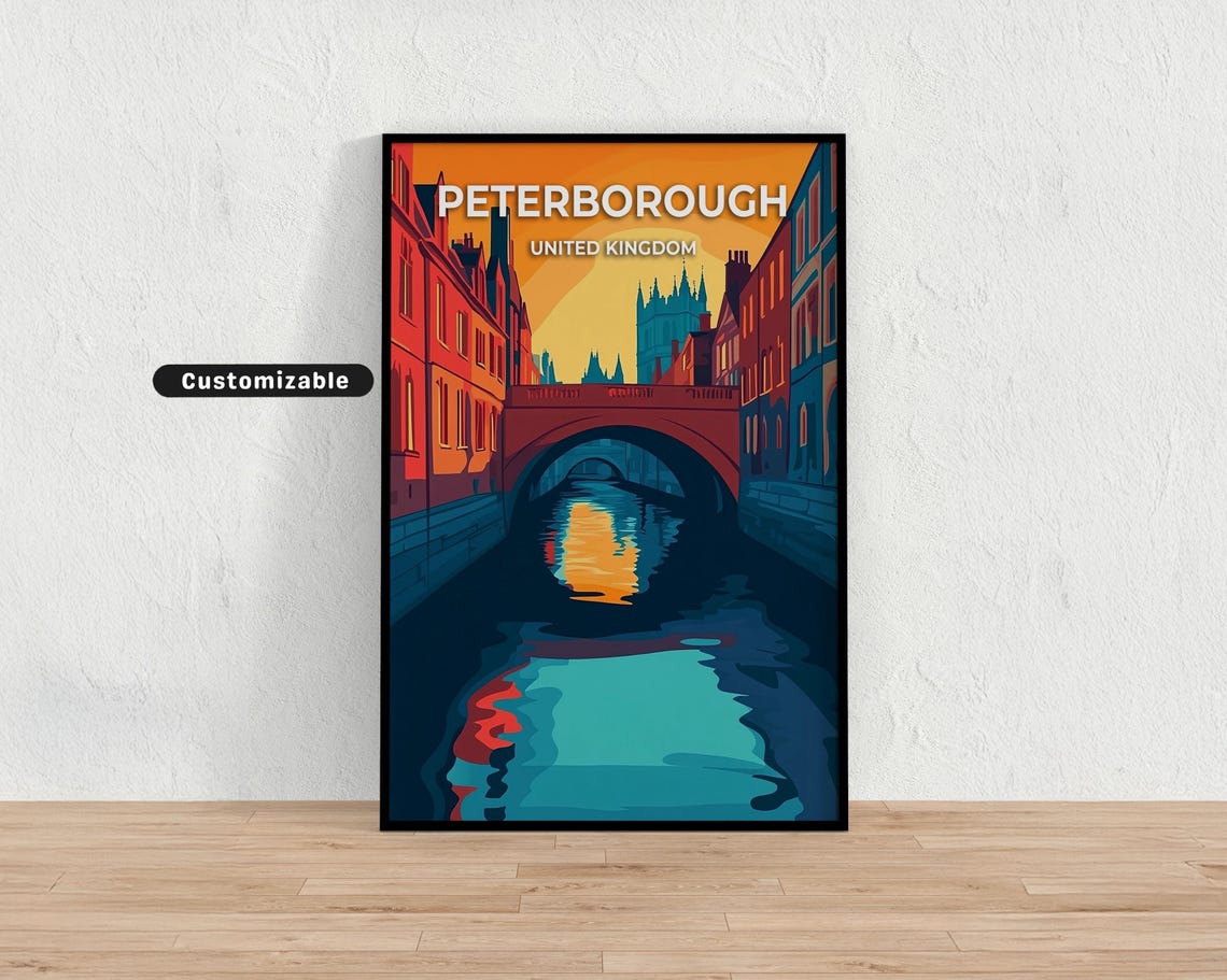 Peterborough United Kingdom Sunset Bridge Canal Vibrant Travel Poster