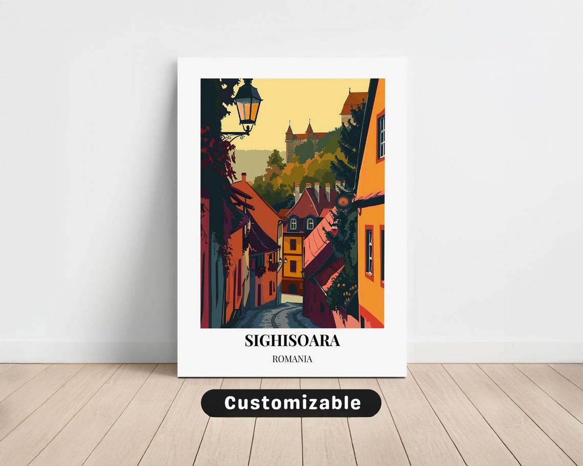 Sighisoara Romania Medieval Street Clock Tower Travel Poster