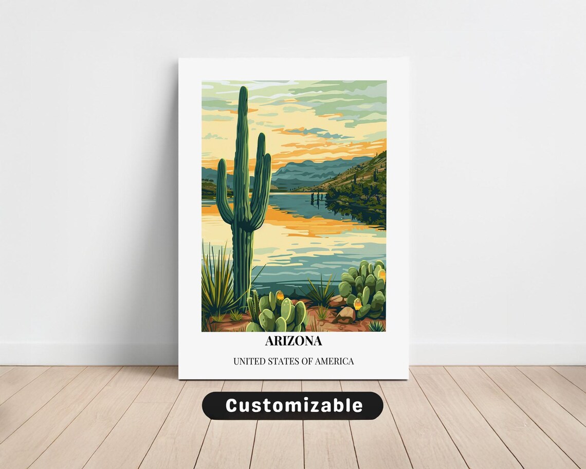 Arizona USA Desert Lake Sunset Customizable Vintage Travel Poster
