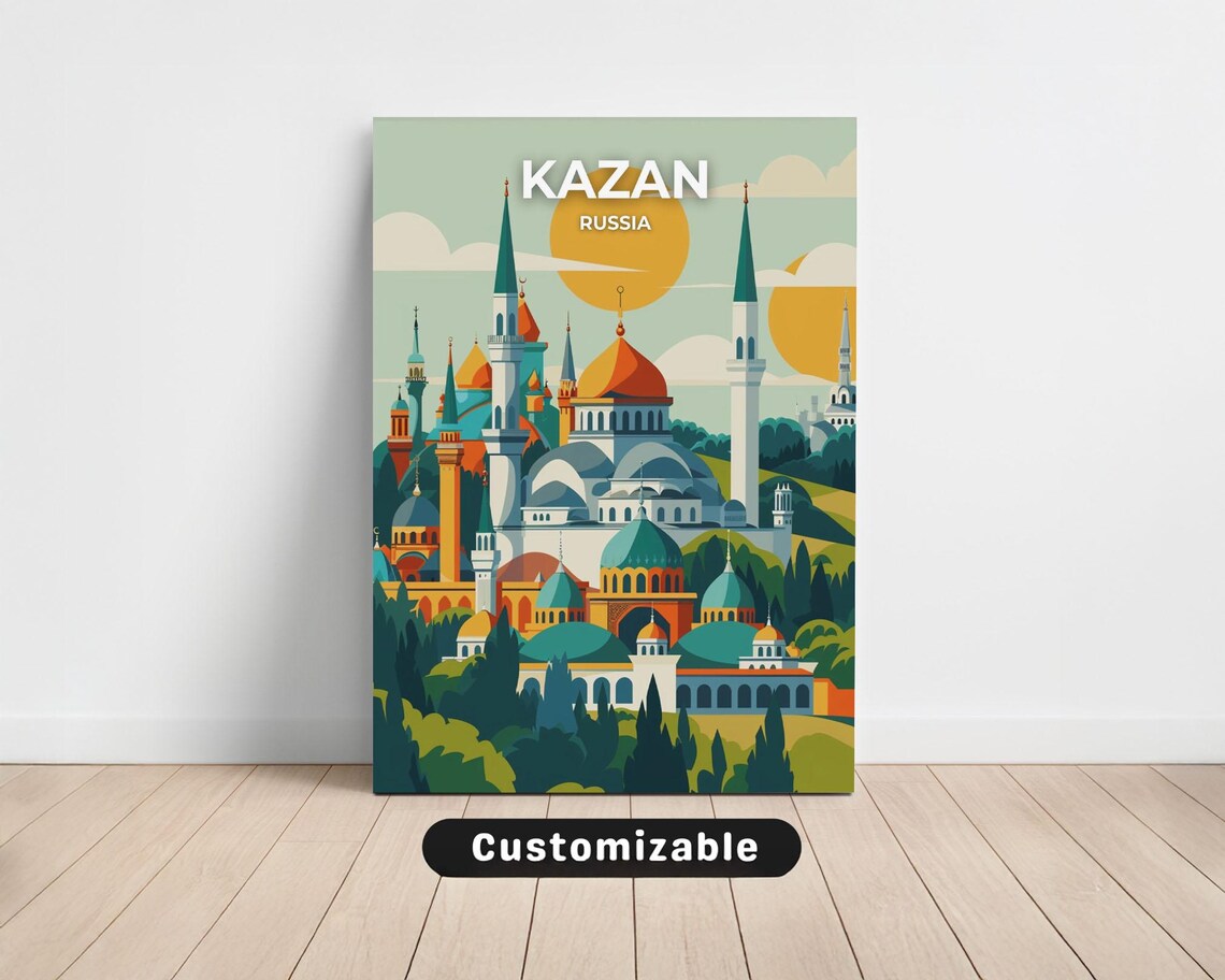 Kazan Russia Grand Mosque Minarets Golden Sunset Travel Poster