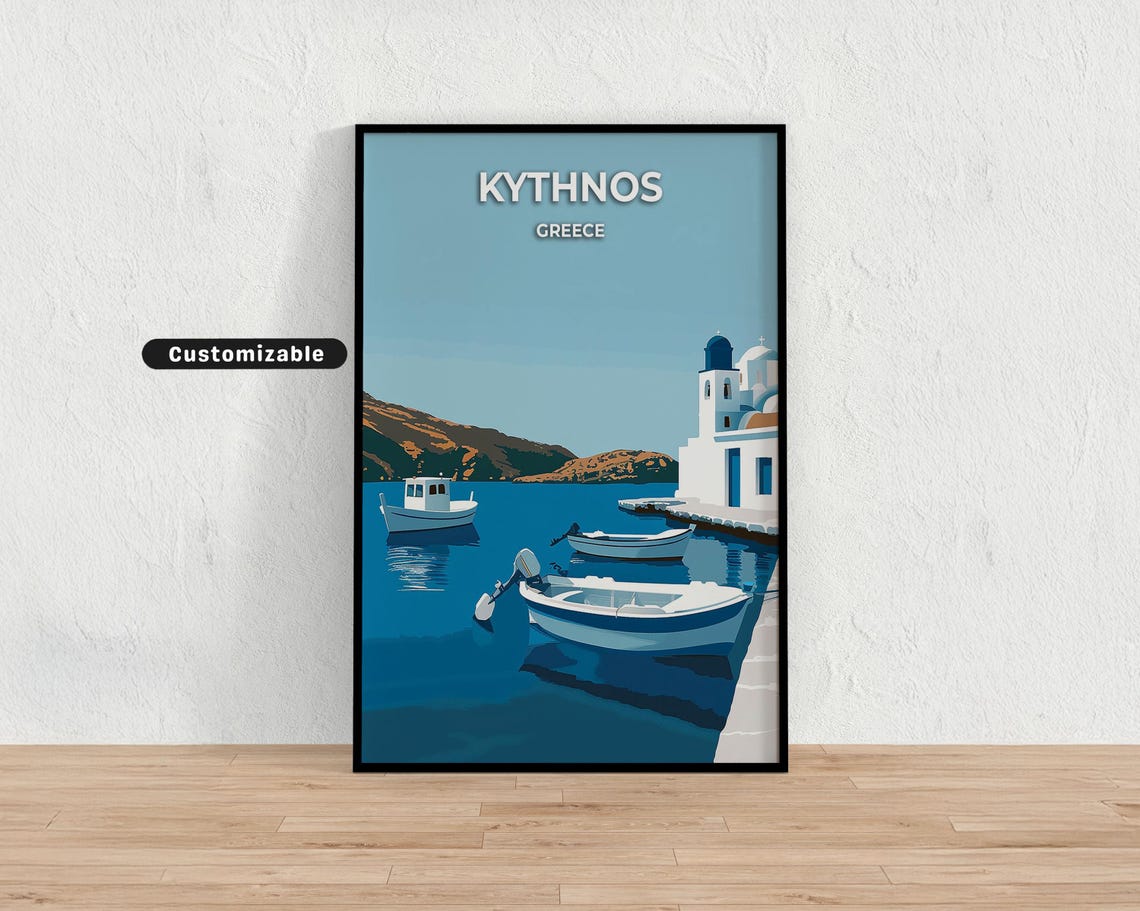 Kythnos Greece Harbor Boats White Church Aegean Sea Travel Poster