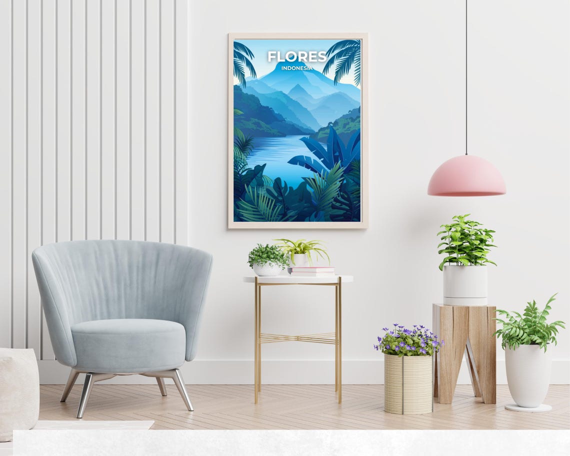 Flores Indonesia Blue Mountain Lake Poster with Jungle Palm Fronds - Image 2
