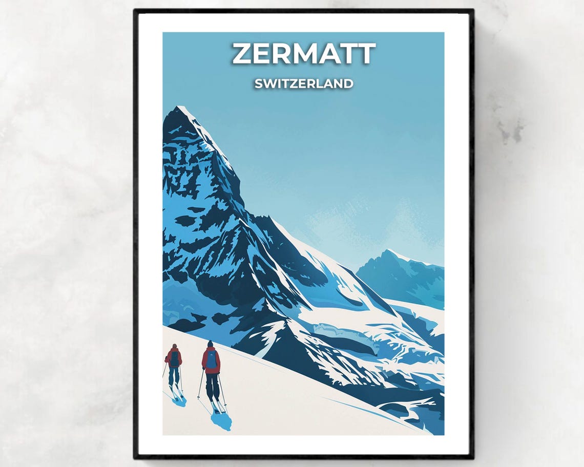 Zermatt Switzerland Two Skiers Beneath Majestic Matterhorn Peak Poster