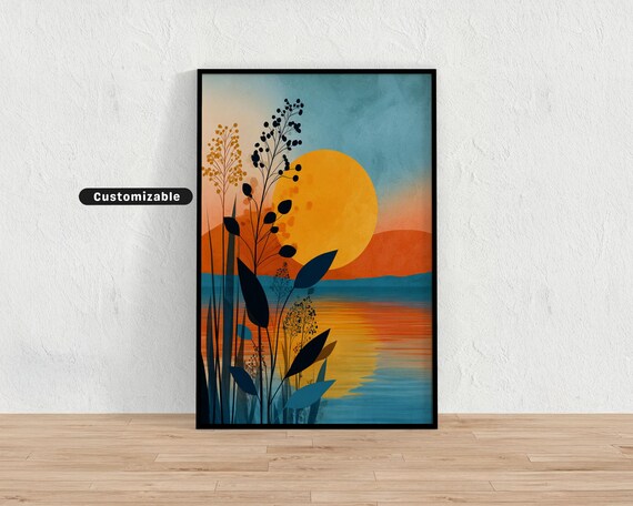 Sunset Over A Lake With Abstract Reflections And Plant Silhouettes Mediterranean Colorful Wall Art Tropical Illustration Print Modern