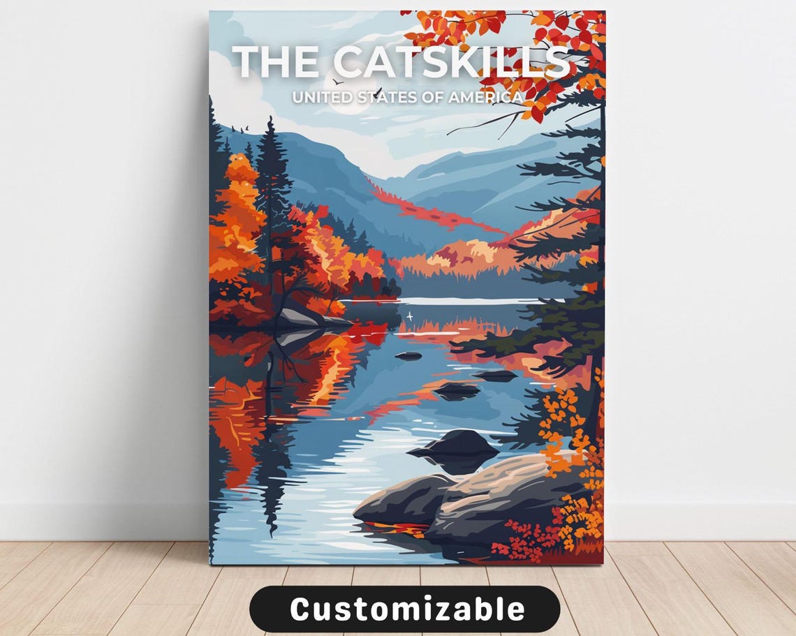 The Catskills New York Autumn Lake Mountains Travel Poster USA