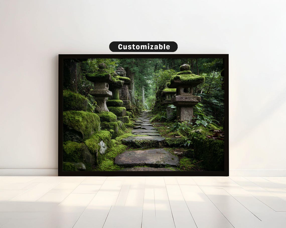 Moss Covered Stone Lanterns Old Mountain Path Japanese Zen Print