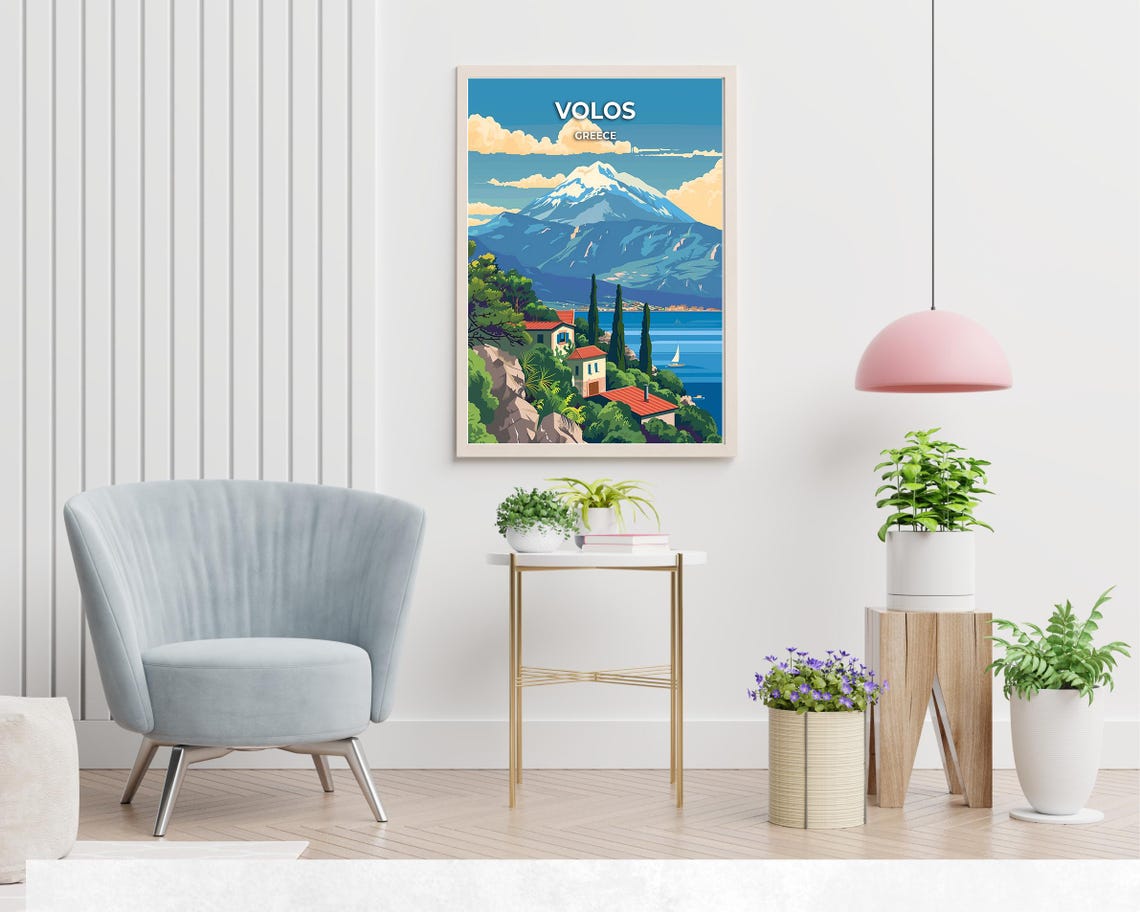 Volos Greece Snowcapped Peak Above Bay Villas Cypress Poster - Image 2