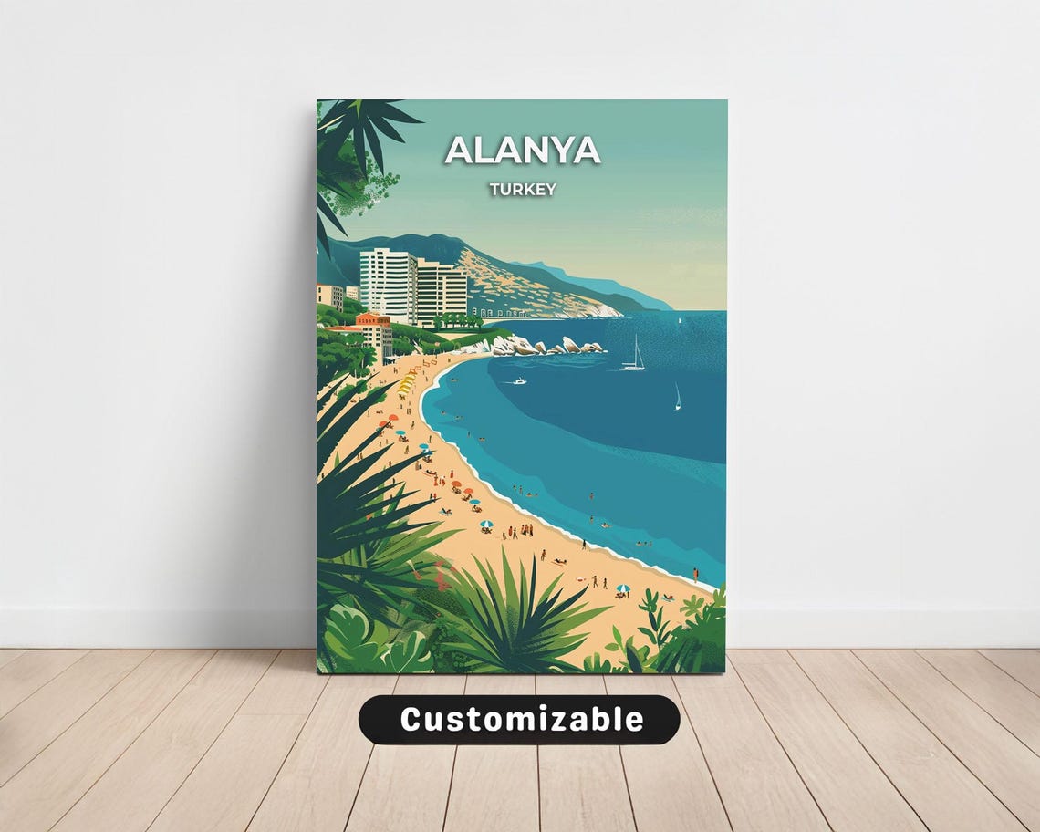 Alanya Turkey Beach Paradise Palm Trees Coastline Travel Poster