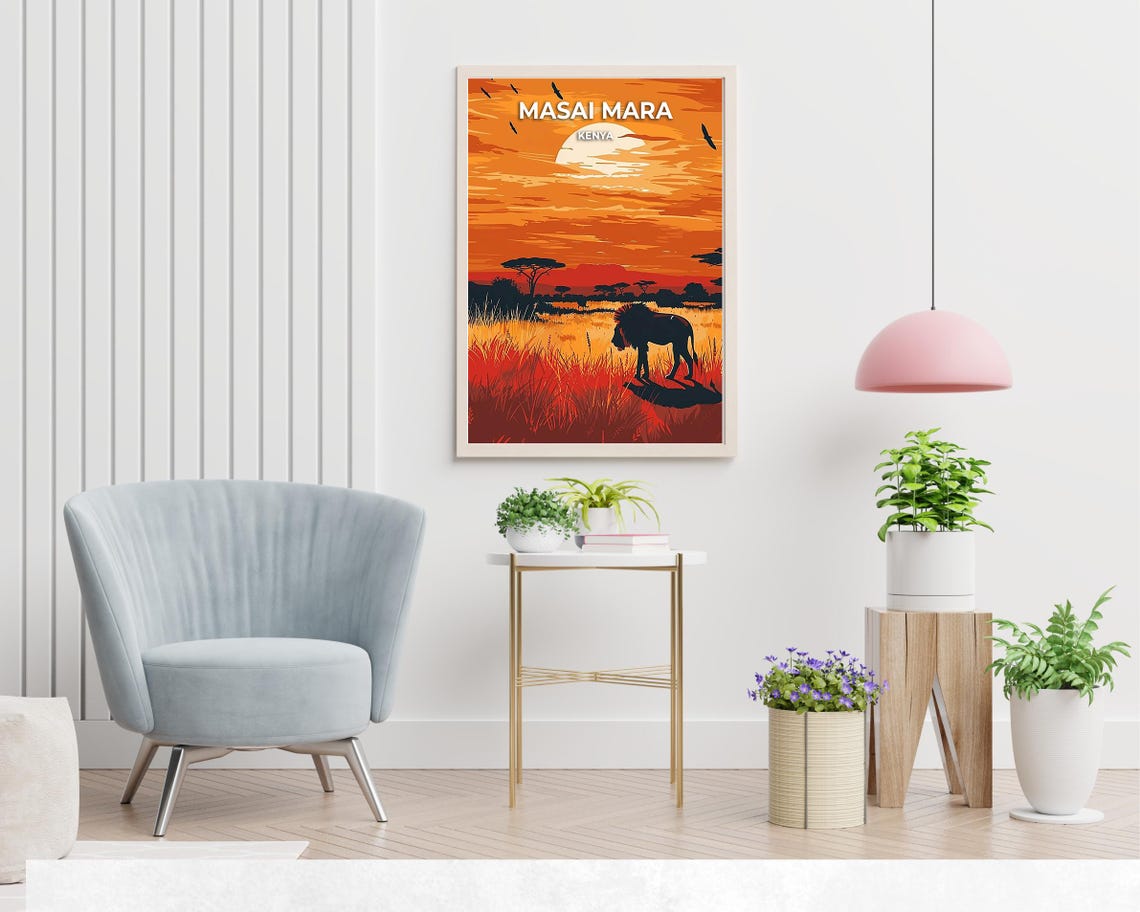 Masai Mara Kenya Lion Silhouette Sunset Savanna Travel Poster - Image 2