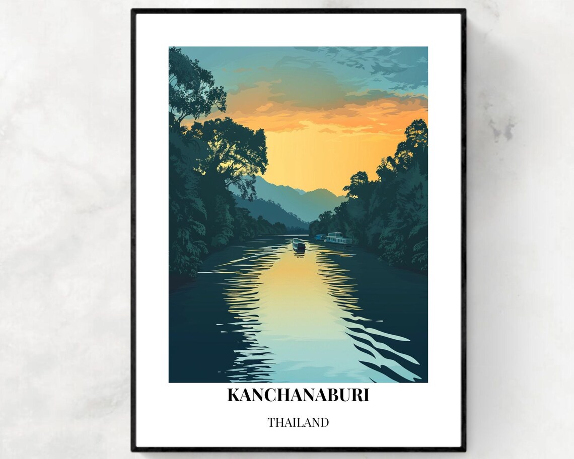Kanchanaburi Thailand Sunset River Boats Vintage Travel Poster
