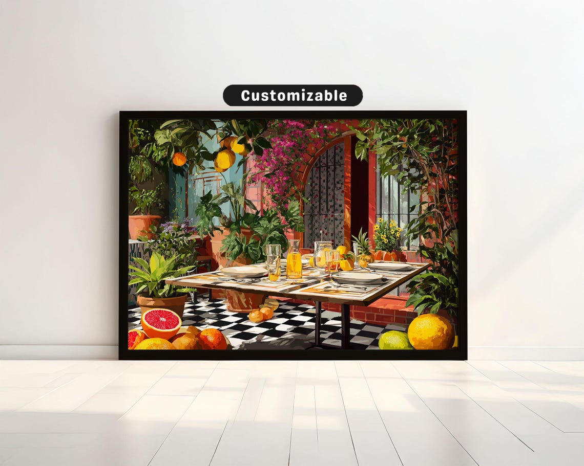 Mediterranean Citrus Terrace Dining Scene Maximalist Art Poster