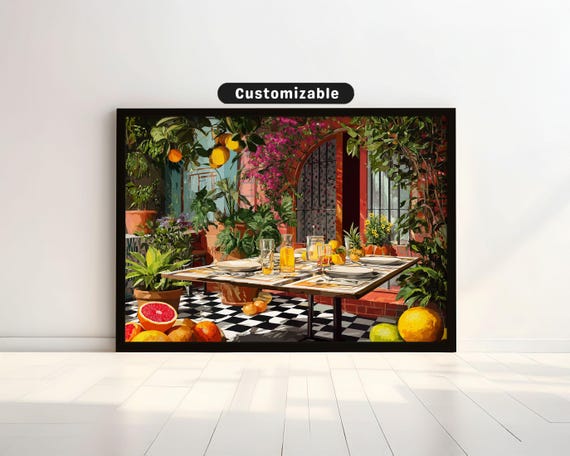 Maximalist Dining Scene With Plants Art And Citrus Fruit Bold Wall Mediterranean Botanical Decor
