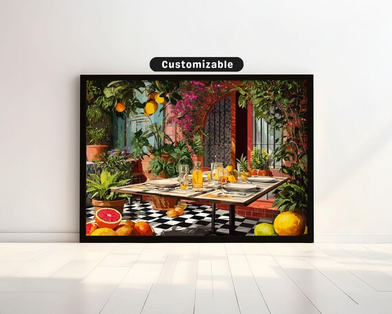 Mediterranean Citrus Terrace Dining Scene Maximalist Art Poster