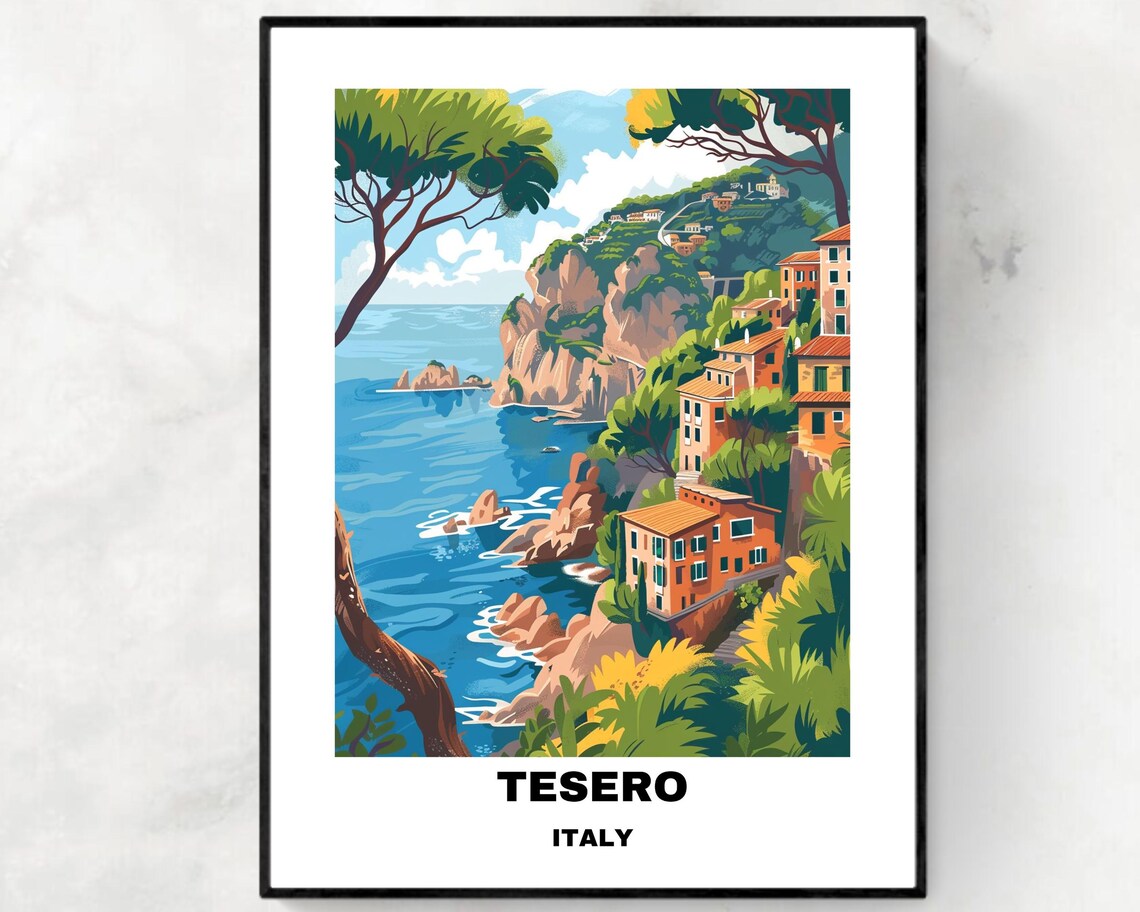 Tesero Italy Cliffside Coastal Village Vintage Travel Poster