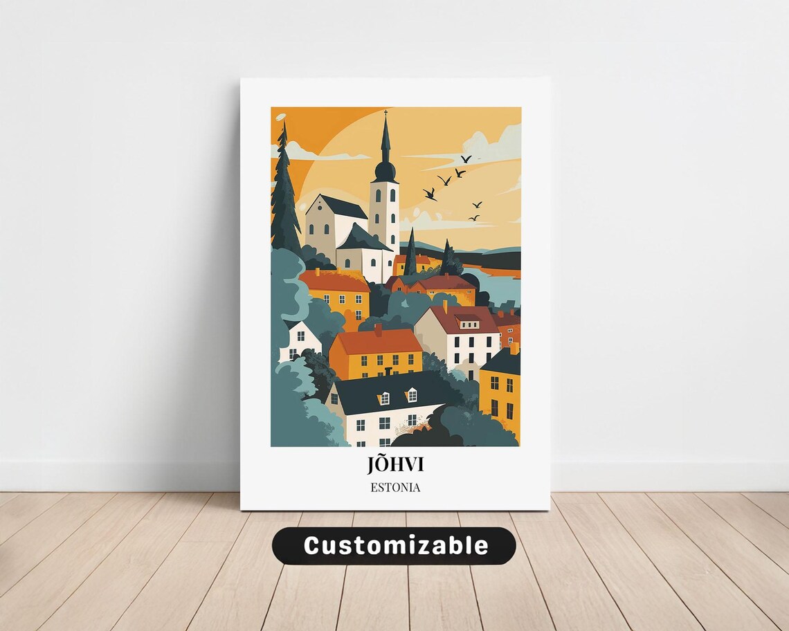 Jõhvi Estonia Retro Travel Poster Colorful Old Town Church View