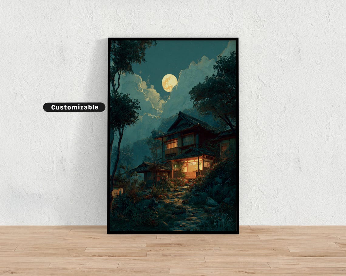 Peaceful Moonlight Over Small Japanese Countryside Inn Wall Art Print Zen Asian Decor