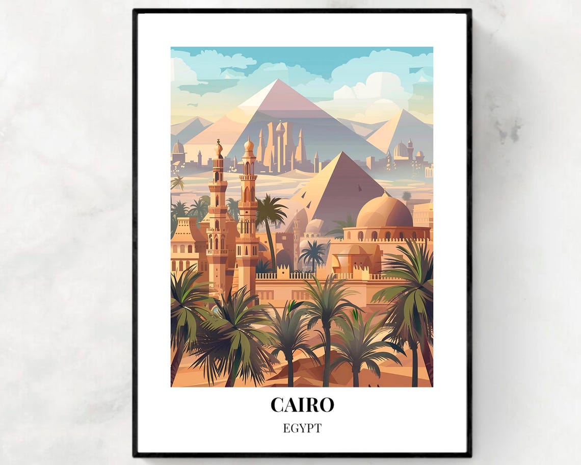 Cairo Egypt Mosques Minarets Pyramids Travel Poster Panoramic