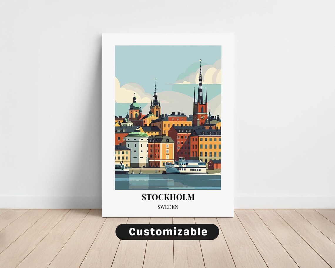 Stockholm Sweden Gamla Stan Waterfront Vintage Travel Poster
