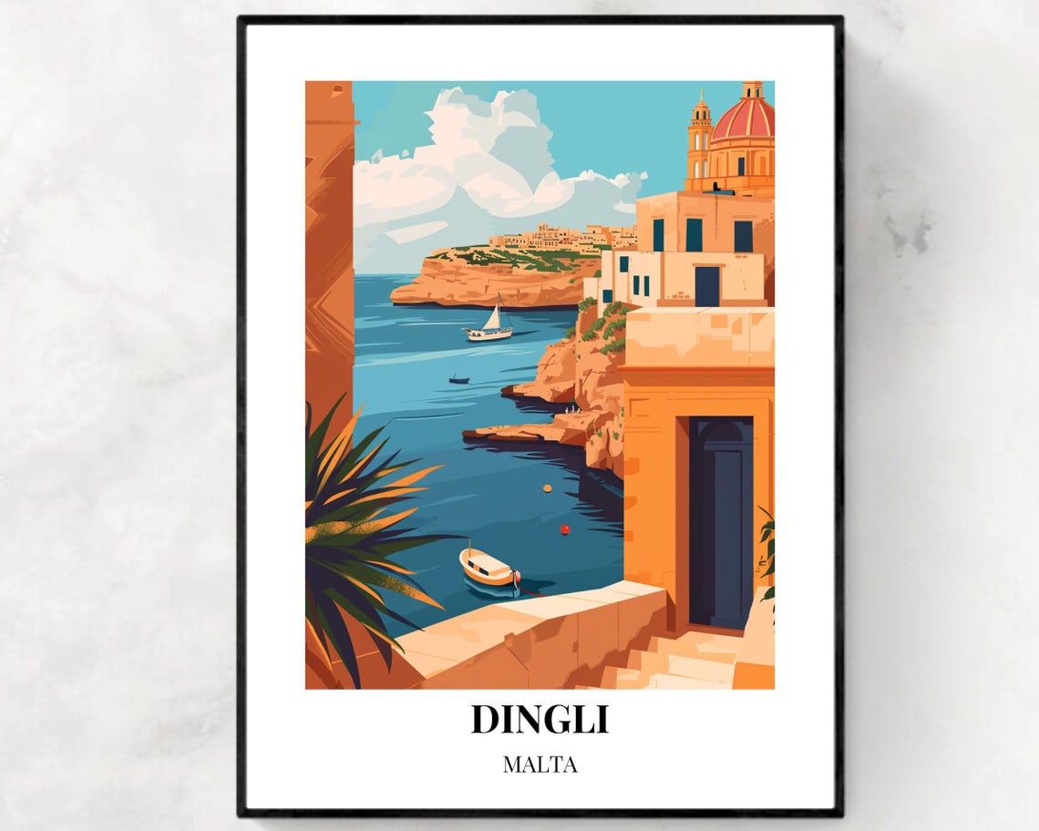 Dingli Malta Cliffside Coast with Boats and Church Travel Poster