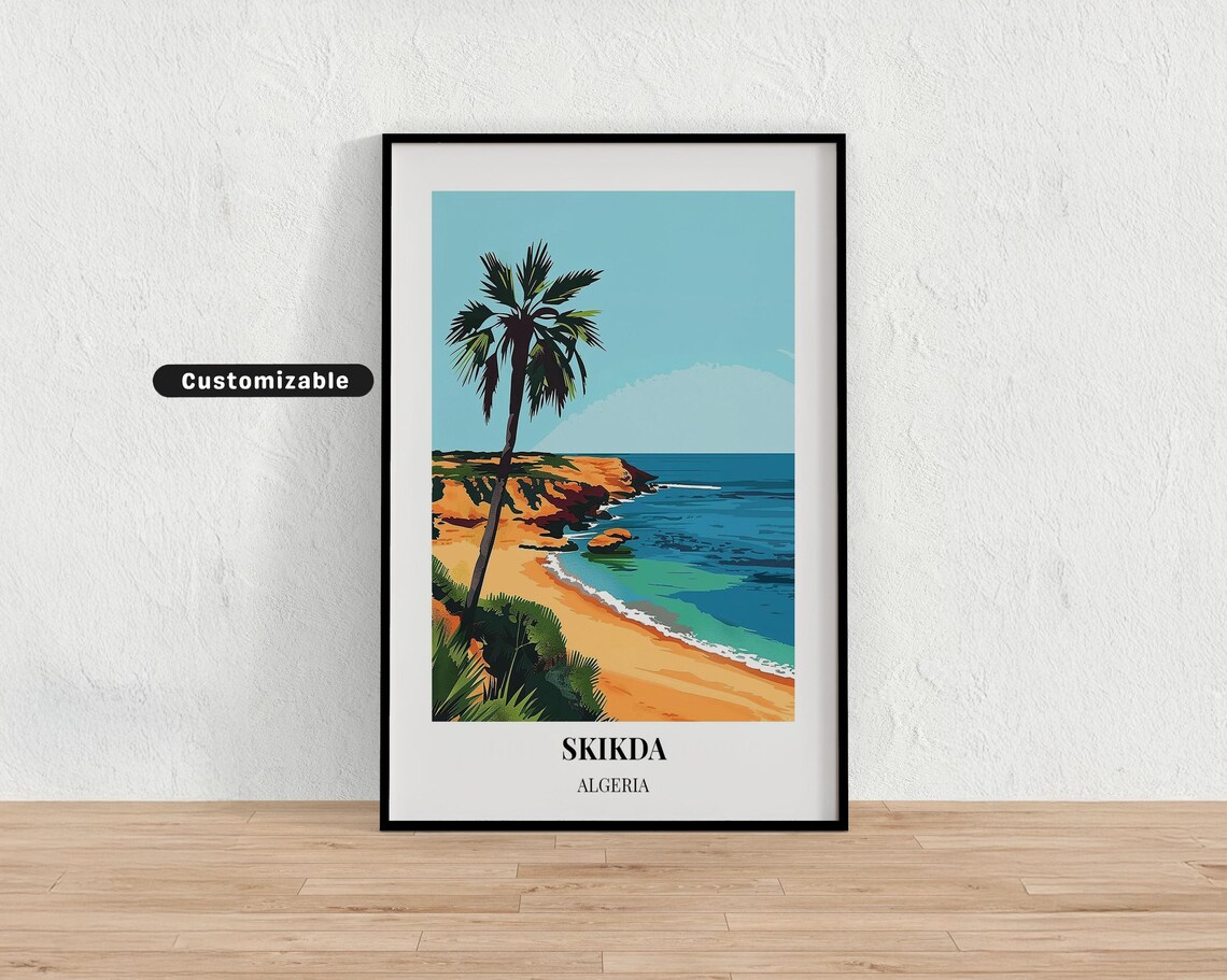 Skikda Algeria Travel Poster Sunny Palm Beach Turquoise Coast