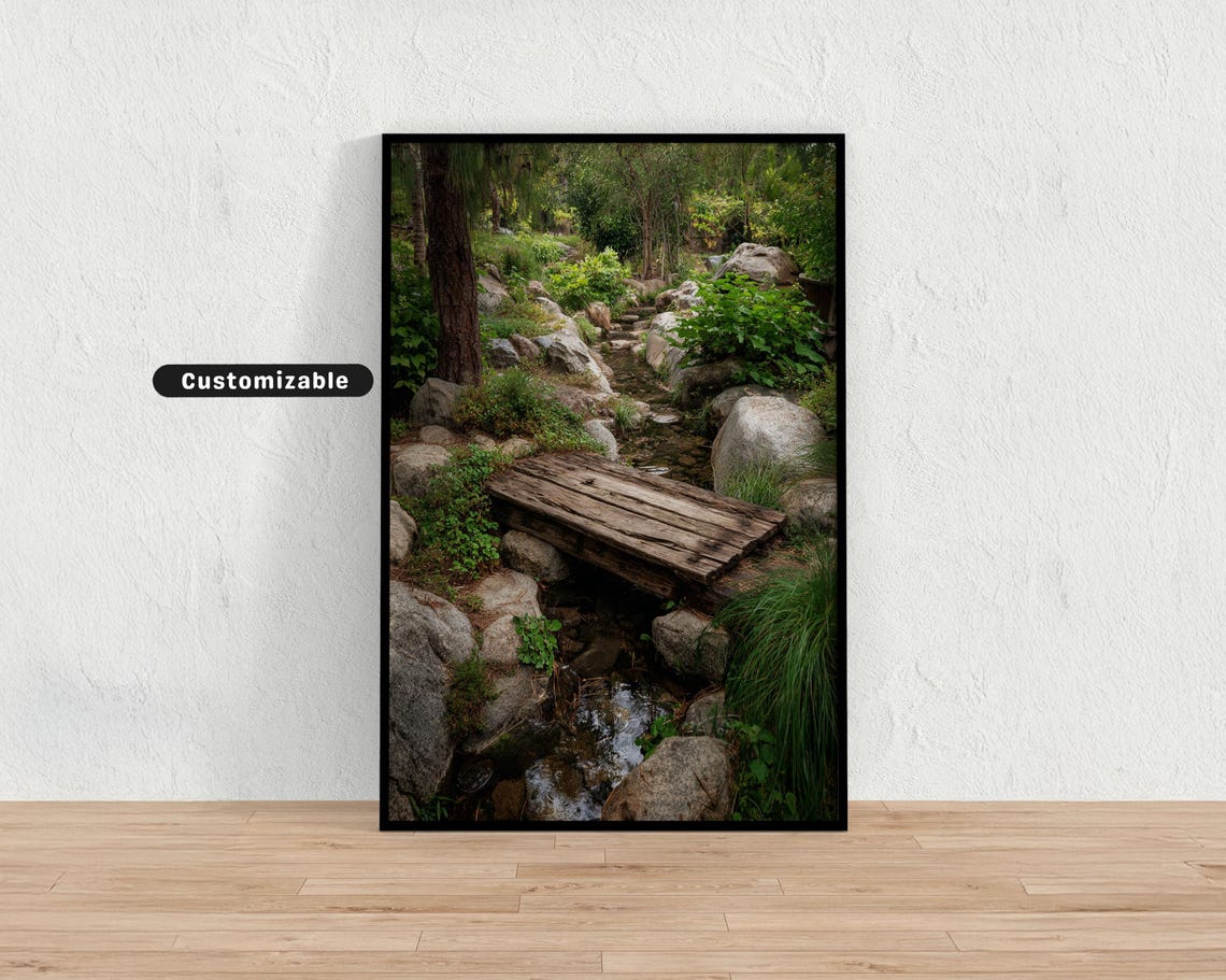 Old Footbridge Crossing Narrow Stream In Zen Garden Japanese Wall Art Print Asian Decor