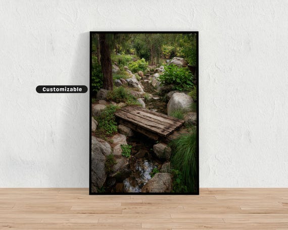 Old Footbridge Crossing Narrow Stream In Zen Garden Japanese Wall Art Print Asian Decor