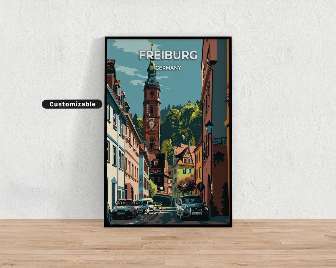 Freiburg Germany Old Town Clock Tower Vintage Travel Art Poster