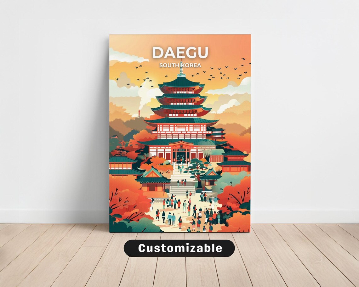 Daegu South Korea Grand Temple Pagoda Autumn Sunset Travel Poster