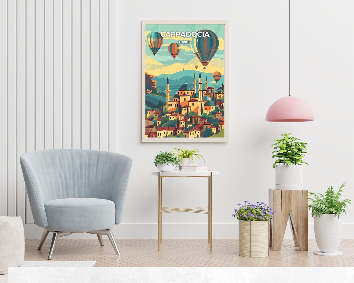 Cappadocia Turkey Hot Air Balloons Soaring Above Old Town Poster - Image 2