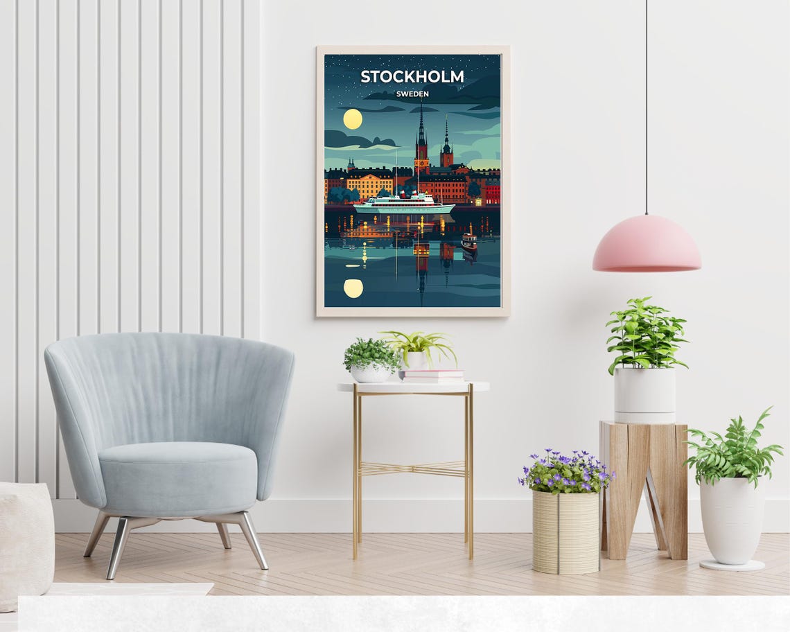 Stockholm Moonlit Waterfront with Ferry under Full Moon Sweden Poster - Image 2